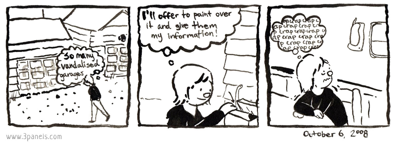 Panel 1: Dean walks down the alley near their house and looks at the graffiti on their neighbours' garages. They think: So many vandalized garages. Panel 2: Dean puts a piece of paper in a neighbour's mailbox. They think: "I'll offer to paint over it and give them my information! Panel 3: Dean is at home, looking at the phone with a very worried expression, thinking: crap crap crap crap...